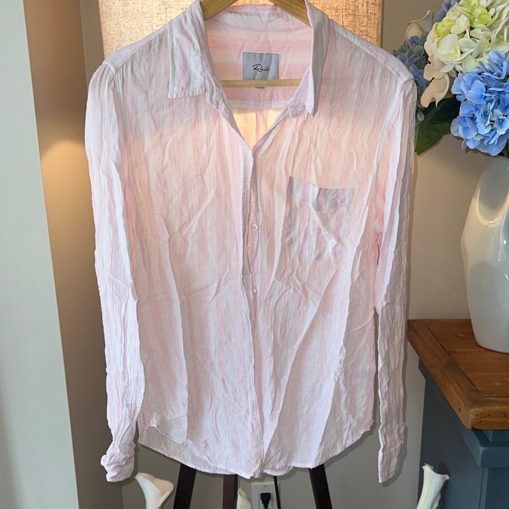 Rails Soft Pink Linen Striped Button Down Collared Shirt